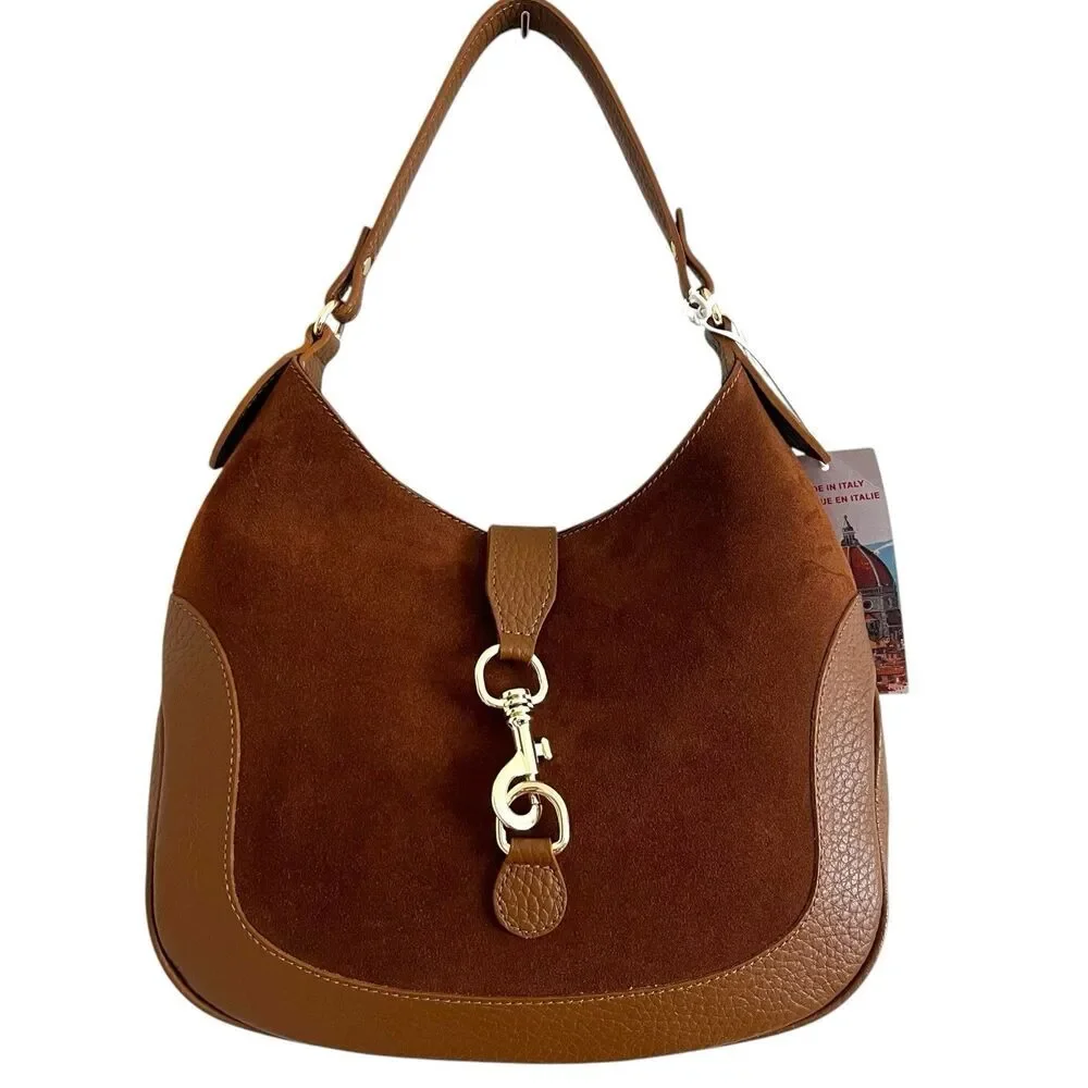 Isadora Italy Crescent Hobo Bag Brown Suede Leather Equestrian Preppy Heritage